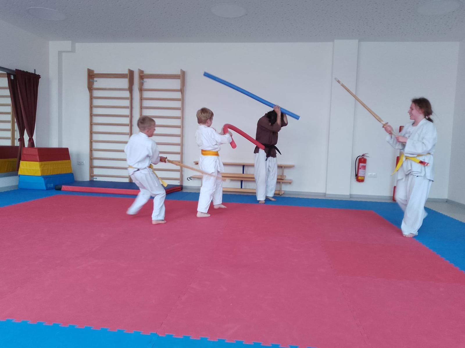 Děti nacvičují šerm s měkkými i dřevěnými meči v dojo